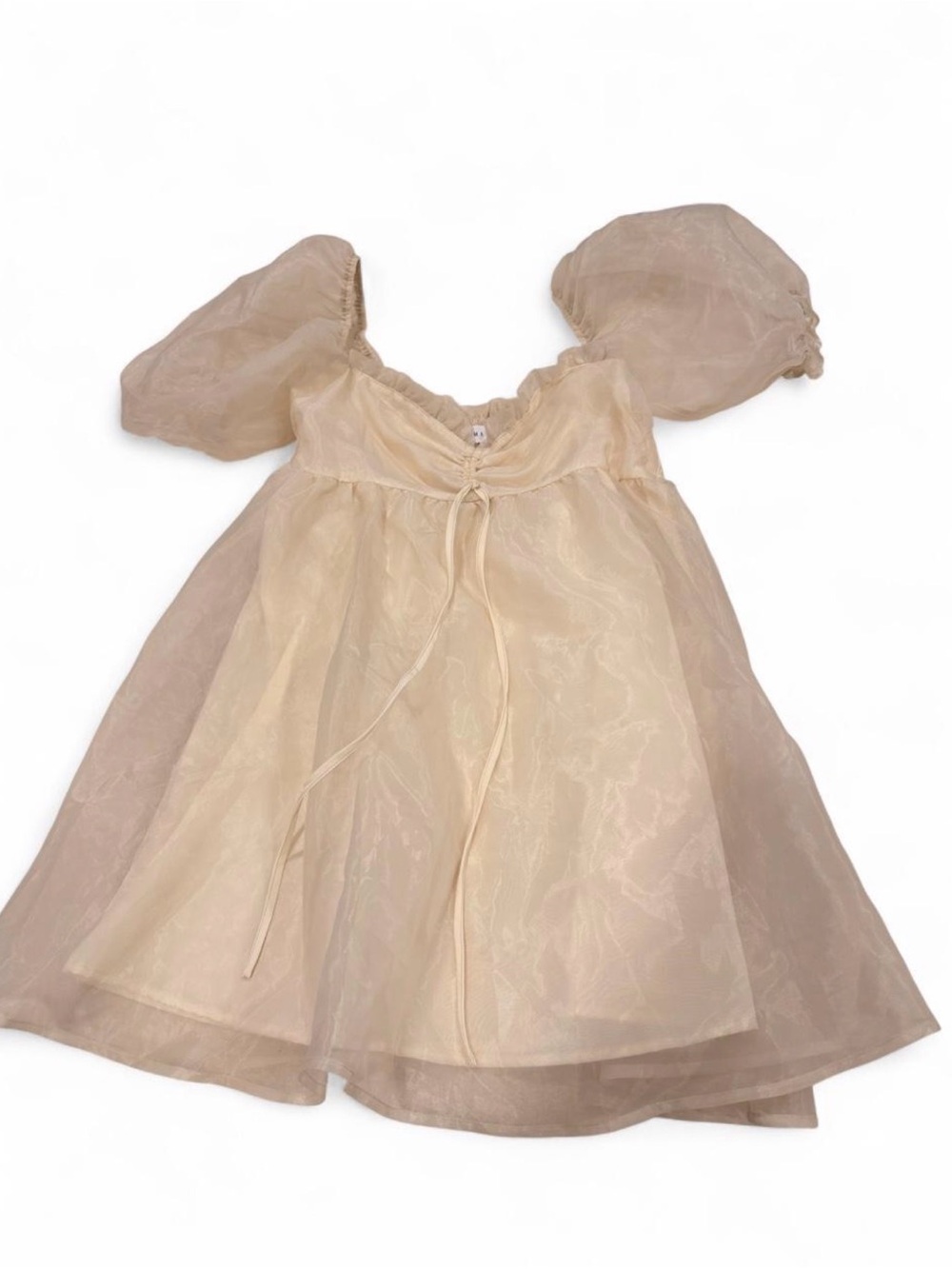 Women's Beige Mini Tulle Dress with Puff Sleeves